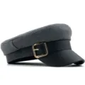 Elegant gray wool navy cap featuring a black leather brim and a classic gold buckle accent - One Size (56-58cm) / Gray