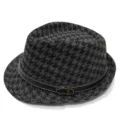 Classic grey and black houndstooth wool fedora hat for children with leather belt buckle - 54cm Circumference - Suitable for 6-14 Years / Belt Buckle - Black Gray