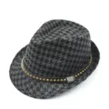 Sombrero fedora de lana de pata de gallo gris para niños con banda de cuero tachonada - Circunferencia 54cm - Para 6-14 Años / Cinturón Remaches Una Fila - Pata de Gallo Negro Gris