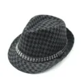 Sombrero fedora clásico con motivo de pata de gallo gris y negro con tachuelas de plata - Circunferencia 54cm - Para 6-14 Años / Cinturón Remaches Doble Fila - Pata de Gallo Negro Gris