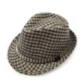 Sombrero fedora infantil clásico con estampado de pata de gallo y banda de tachuelas - Circunferencia 54cm - Para 6-14 Años / Cinturón Remaches Doble Fila - Pata de Gallo Café Caqui