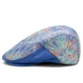Fashionable unisex flat cap with colorful firework embroidery pattern and blue wool felt brim - 55-58cm (Adjustable) / Colorful Embroidery Jacquard / Blue