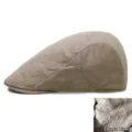 Warm beige suede beret hat with soft thermal fleece lining for autumn and winter wear - 56-59cm / Khaki