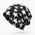 Close-up detail of a soft black knitted beanie featuring a trendy white star print pattern - One Size (High Elasticity) / Style 3 (Star) / Black