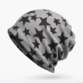 Detail of the gray slouchy beanie with stylish black star pattern and soft texture - One Size (High Elasticity) / Style 3 (Star) / Gray