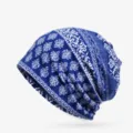Close-up of a blue and white paisley patterned outdoor beanie headscarf for women - One Size (High Elasticity) / Style 4 (Paisley) / Blue