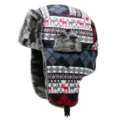 Warm winter plush trapper hat with Nordic reindeer pattern and protective ear flaps - One Size (56-59cm) / Rose Red Plaid