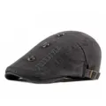 Vintage dark grey cotton beret cap for men with stylish rivet details and embroidery - Adjustable for 55-59cm Head Circumference / Three Button Style / Dark Gray