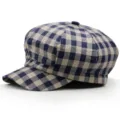 Vintage blue and beige checkered newsboy cap for women and men, classic baker boy hat - One Size 56-58cm / Style 2 / Light Khaki