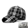 Klassische schwarz-weiße karierte Woll-Baseballkappe für Damen und Herren mit Riemen - Einstellbar (56-59cm) / Schwarzes Großes Gitter