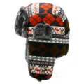 Warm winter trapper hat with reindeer argyle pattern and gray faux fur lining for unisex - One Size (56-59cm) / Rust Red Plaid