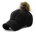 Black suede winter baseball cap with a large brown faux fur pom-pom and sherpa lining - 56-59cm(Adjustable) / Black (With Pom Pom)