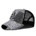 Fashionable silver sequin trucker hat with rhinestone A patch and breathable black mesh back - Letter A Style / Silver with Black Grid