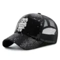 Black sequined mesh baseball cap featuring a sparkling rhinestone owl patch decoration - Owl Style / Black