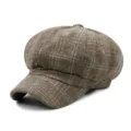 Braune Vintage-Schirmmütze mit Karomuster aus warmer Baumwolle für Damen im Herbst - Einheitsgröße für 56-58cm / Khaki Kariert