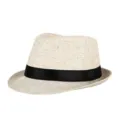 Classic breathable paper straw fedora hat with black ribbon band for summer sun protection. - Grid Cream