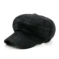 Gorra clásica de cuadros gris oscuro para mujer, estilo retro cálido de invierno - Talla Única para 56-58cm / Cuadros Negros