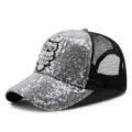 Stylish silver sequined mesh baseball cap with a decorative owl patch for women - Owl Style / Silver with Black Grid