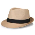 Classic breathable khaki straw fedora hat with a black ribbon band for summer beach sun protection - Khaki