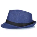 Classic blue woven straw fedora hat for summer sun protection and beach leisure wear - Navy Blue