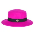 Elegant magenta flat top wool felt hat featuring a black ribbon band and gold metal badge - Fits 56-58cm Head / Magenta