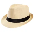 Classic beige paper straw jazz hat with black ribbon for beach sun protection outdoor - Beige