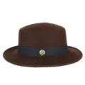 Elegant brown wool felt fedora hat with a flat top and stylish black ribbon band - Fits 56-58cm Head / Coffee