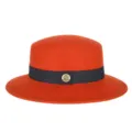 Elegant orange wool felt flat top boater hat with black ribbon and gold emblem - Fits 56-58cm Head / Rust red