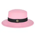 Classic vintage pink wool felt flat top hat with elegant black ribbon and gold badge detail - Fits 56-58cm Head / Pink