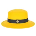 Classic yellow wool felt boater hat featuring black ribbon and metallic logo badge. - Fits 56-58cm Head / Yellow