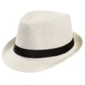 Breathable white straw fedora hat with black ribbon band for summer outdoor beach sun protection - Cream