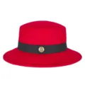 Elegant red wool felt flat top fedora hat with black ribbon and gold metallic emblem - Fits 56-58cm Head / Red