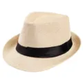 Breathable cream paper straw fedora hat featuring a classic black decorative ribbon band - Off White