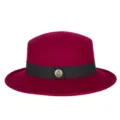 Elegant burgundy wool felt flat-top hat with black ribbon and decorative metal badge - Fits 56-58cm Head / Burgundy