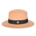 Vintage camel wool felt boater hat with black ribbon band and metal emblem for winter. - Fits 56-58cm Head / Khaki