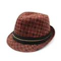 Stylish brown and black checkered fedora hat with decorative gold zipper band detail - One Size (56-58cm) / Plaid Style 4