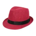 Rose red summer straw fedora jazz hat with black ribbon band for outdoor beach sunshade - Dark Red