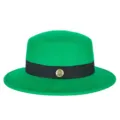Elegant green wool felt flat top hat with black ribbon band and metallic logo emblem - Fits 56-58cm Head / Green