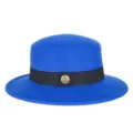 Elegant royal blue flat-top wool felt boater hat with black band and gold emblem detail - Fits 56-58cm Head / Blue