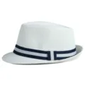 Classic white paper straw fedora with navy striped band for beach sun protection - White with Striped Ribbon