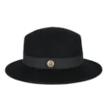 Classic black flat top wool felt hat with vintage metallic emblem and decorative band. - Fits 56-58cm Head / Black