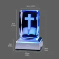 Detailed macro view of 3D laser-engraved crystal cross night light with dimensions - Cross Crystal Base