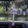 Detailed view of a purple and clear five-petal crystal flower car hanging ornament - Three-Layer Five-Leaf / Purple