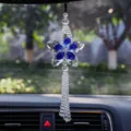 Elegant blue and clear crystal flower car hanging ornament for interior rear view mirror - Three-Layer Five-Leaf / Blue