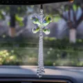 Detailed view of a sparkling crystal butterfly car hanging ornament with long bead tassel - Three-Layer Maple Leaf - Iridescent