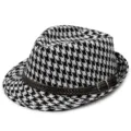 Classic houndstooth pattern kids jazz hat with brown braided belt buckle detail - 54cm Circumference - Suitable for 6-14 Years / Double Braided Belt - Black White