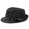 Classic houndstooth fedora hat for kids featuring a punk style studded leather band - 54cm Circumference - Suitable for 6-14 Years / Single Row Spiked Rivet Belt - Black Gray