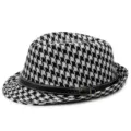 Classic kids houndstooth fedora hat with black leather belt and bronze buckle accent - 54cm Circumference - Suitable for 6-14 Years / Belt Buckle - Black White