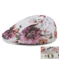 Elegant women's floral lace beret cap with pink flower prints and adjustable buckle - Style 2 / Rear Metal Buckle Adjustment / Off White