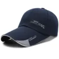 Navy blue long brim baseball cap for men featuring sporty sports style print accents - CAP Label Blue White Edge-Cloth Back
